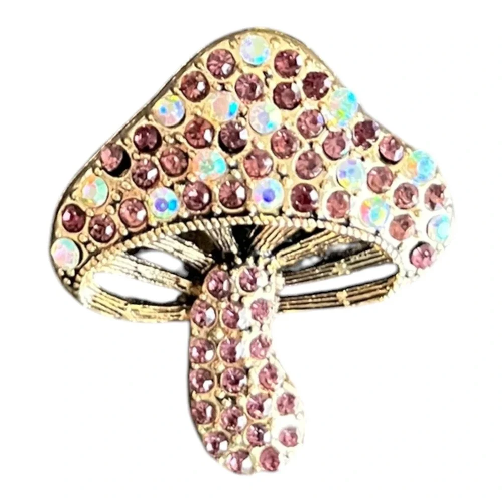 Women's Mushroom Brooch Pin Gold Tone Pink AB Rhinestone 1.75